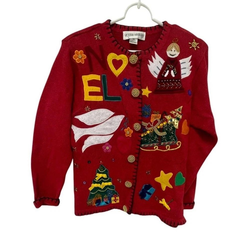 Victoria Harbour Red Knit Button Front Christmas Cardigan Sweater Womens‎ Size S - Picture 2 of 7